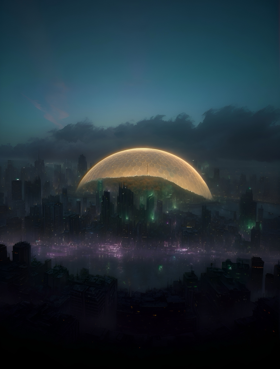 Atmosphärischer Blick auf Neontreal unter seiner leuchtenden Kuppel